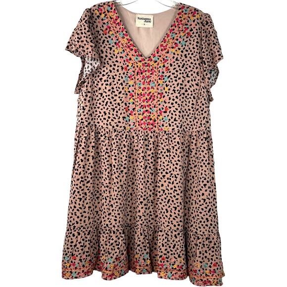 Savanna Jane Animal Print Embroidered Boho Shirt Dress Ruffle Hem Casual Size 1X - Picture 2 of 16